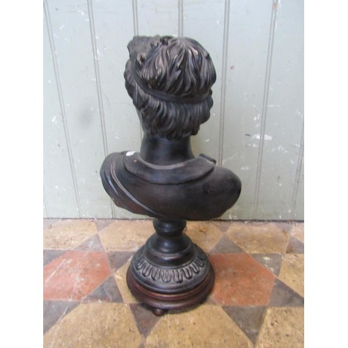 645 - A Bronzed terracotta bust of Apollo raised on a socle base and wood plinth 43cm.