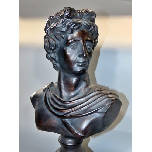 645 - A Bronzed terracotta bust of Apollo raised on a socle base and wood plinth 43cm.