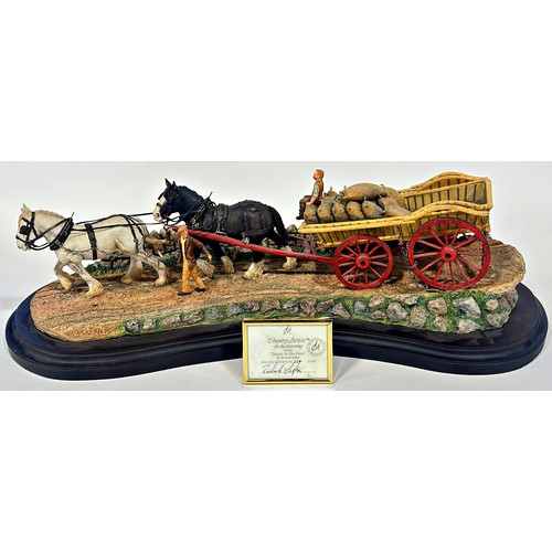 3 - A Country Artists detailed model depicting a pair of heavy horses and cart carrying grain sacks, 60c... 