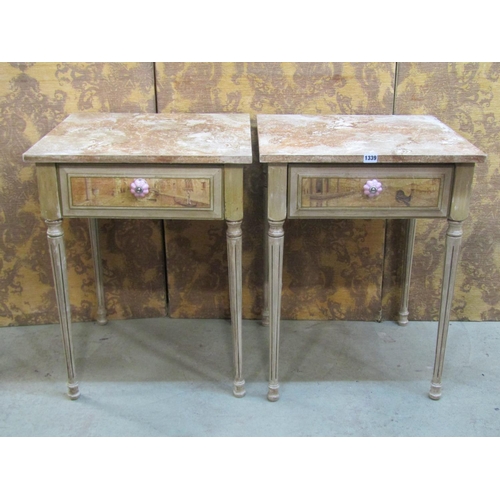 1339 - A pair of decorative painted side tables with faux marble tops and Italian canal scenes to drawer fr... 