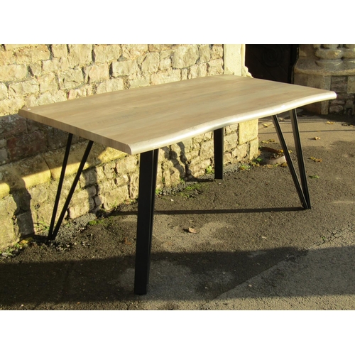 1418 - A contemporary dining table with painted rustic style top, raised on splayed tapered metal legs, 160... 