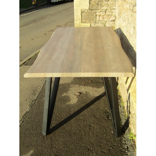 1418 - A contemporary dining table with painted rustic style top, raised on splayed tapered metal legs, 160... 