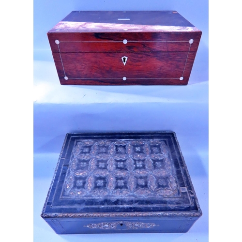 627 - A 19th century rosewood box and a black lacquered box with mother of pearl inlay. (2)