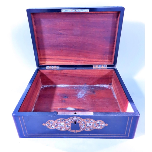 627 - A 19th century rosewood box and a black lacquered box with mother of pearl inlay. (2)