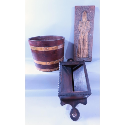 630 - A Victorian wooden collection box, an oak brass banded tub, a brass rubbing plank.