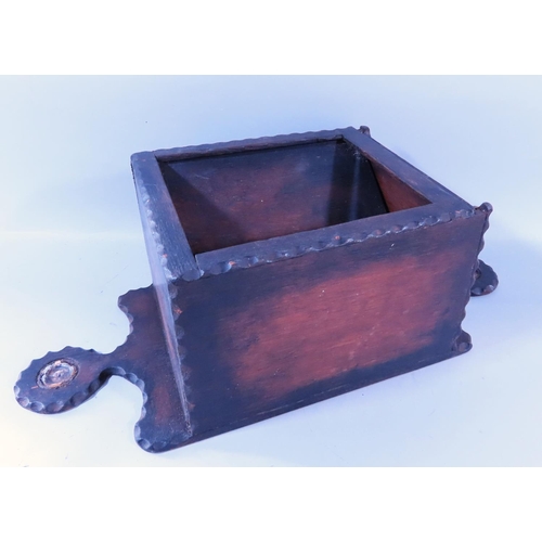 630 - A Victorian wooden collection box, an oak brass banded tub, a brass rubbing plank.