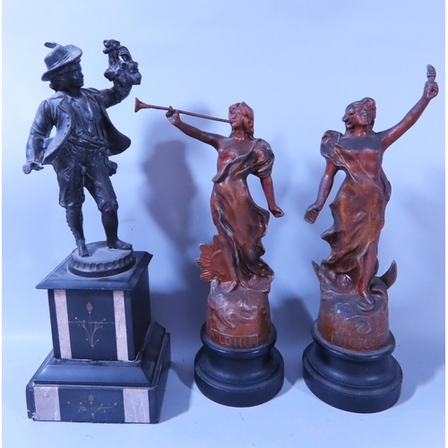 640 - A pair of spelter classical figures, Victor, a cast figure of an 18th century man, two hand bells, a... 