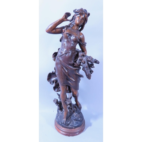 641 - A spelter figure after Moreau L’ Echo des Bois, a female harvester, another spelter lamp figure enti... 