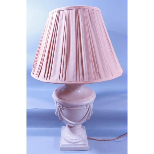 642A - A crackle glazed vase lamp decorated with swags on a square base, with a silk shade, 66cm overall