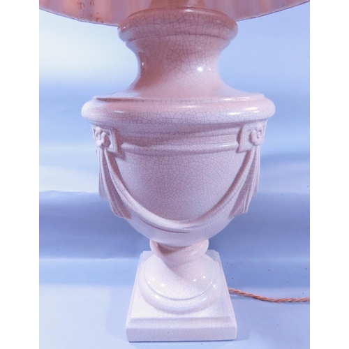 642A - A crackle glazed vase lamp decorated with swags on a square base, with a silk shade, 66cm overall