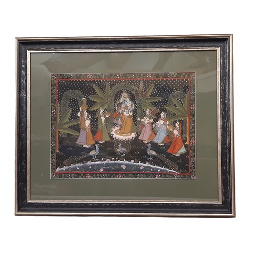 1986 - Indian School, 20th century - Krishna and Gopis, gouache on textile, 45 x 61 cm, frame dimensions: 7... 