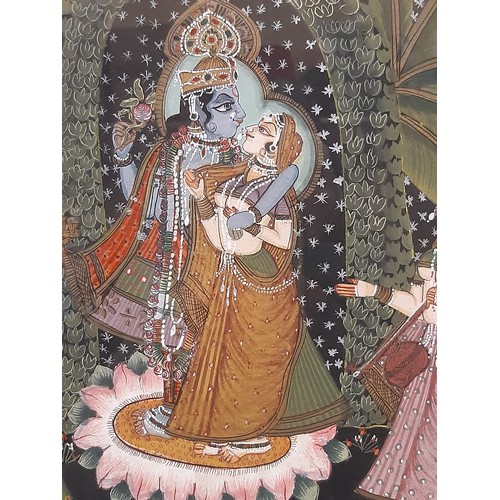 1986 - Indian School, 20th century - Krishna and Gopis, gouache on textile, 45 x 61 cm, frame dimensions: 7... 