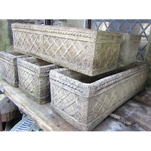 1010 - Five weathered cast composition stone rectangular flower troughs with lattice detail, 17 cm high x 6... 