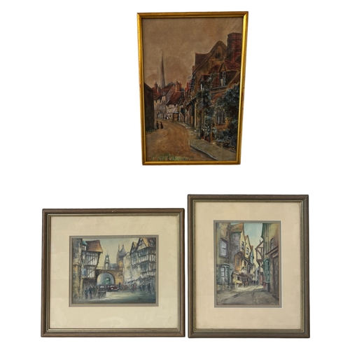 1975 - Three paintings to include: R. Hazelwood - 'Eastgate, Chester' and 'Shambles, York', both signed and... 