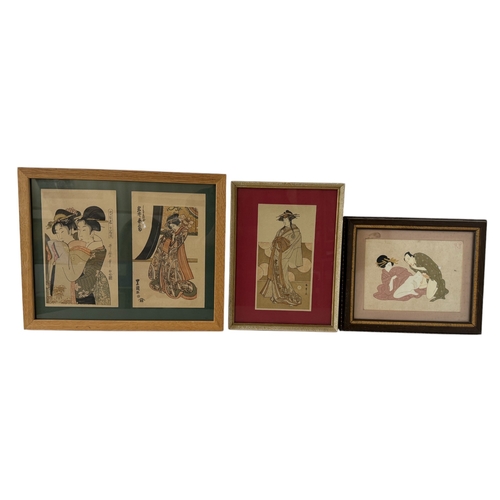 1993 - Four 20th century Japanese works to include: A Shunga painting with red chop mark upper right, opaqu... 