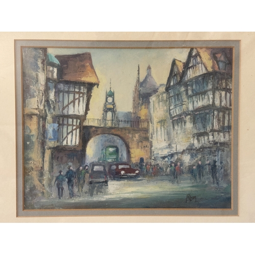 1975 - Three paintings to include: R. Hazelwood - 'Eastgate, Chester' and 'Shambles, York', both signed and... 