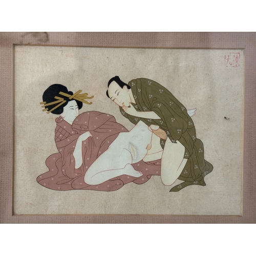 1993 - Four 20th century Japanese works to include: A Shunga painting with red chop mark upper right, opaqu... 