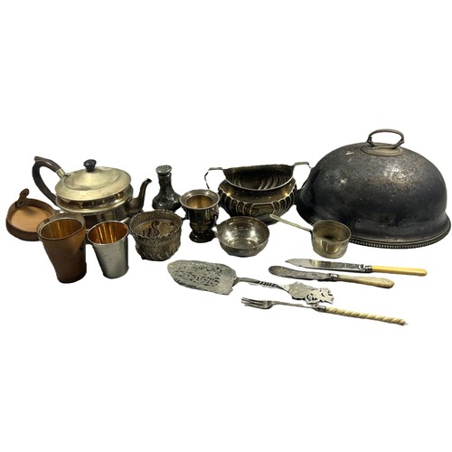 282 - A miscellaneous collection of silver plated ware including tureens, meat domes, loose cutlery, troph... 