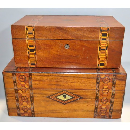 624 - An Edwardian desk top drawer with chevron stringing and two further mahogany boxes with elaborate st... 