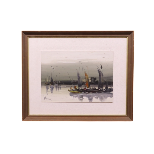 10 - Continental school, 20th century, sail boats in harbour, oil on board, indistinctly signed lower lef... 