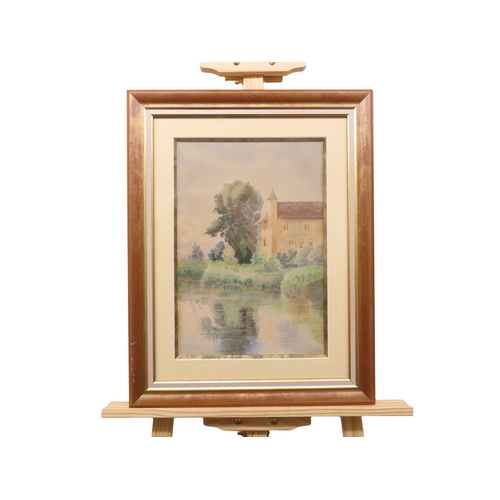 49 - Continental school, 20th century, Château by the river, indistinctly signed lower right, 25.5cm x 37... 