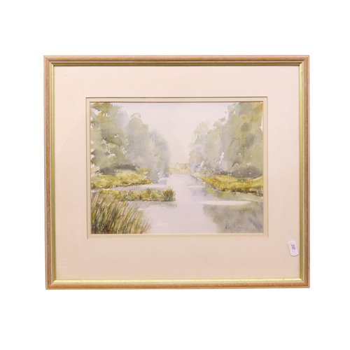 57 - Richard Manning: River landscape with houses beyond, watercolour, signed lower right, 29cm x 22cm