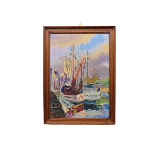 65 - Continental school, early 20th century impressionist study of moored boats, oil on board, 28cm x 40c... 