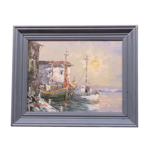 70 - French school, 20th century impressionist study of moored boats in a harbour, signed lower left, oil... 