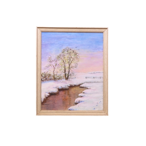 71 - Richard Manning: Footprints, a snowy winters day, oil on board, 39cm x 49cm