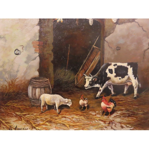 1 - Continental school, naive 20th century oil on board, farmyard with cattle, sheep and chickens, indis... 