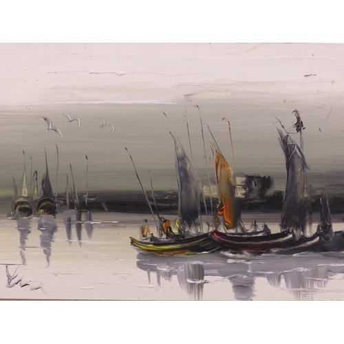 10 - Continental school, 20th century, sail boats in harbour, oil on board, indistinctly signed lower lef... 