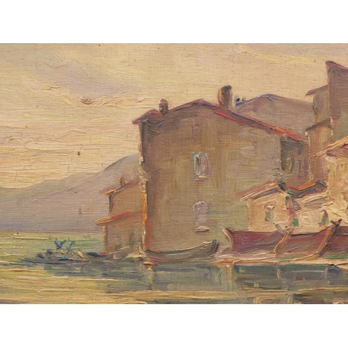 16 - C. Ravot (French): A 19th century oil on board, view of Martigues, signed lower left, 25.5cm x 15cm