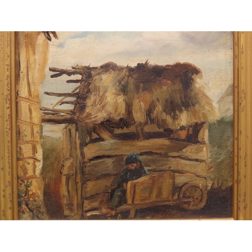 19 - French school, 19th century naive oil on board on a child and hay cart, 19cm x 20cm