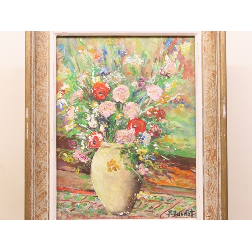 24 - P. Deirdot (French, 20th century) still life of flowers, oil on board, signed lower right, 25.5cm x ... 