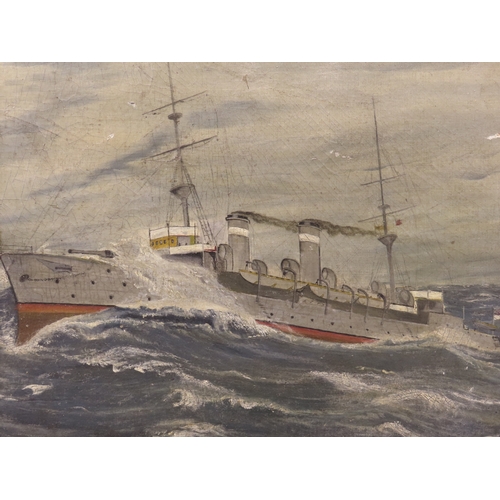 27 - British school, early 20th century maritime oil, battleship in rough seas, 34.5cm x 29.5cm