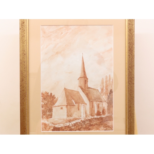 30 - British school, 20th century watercolour, Church with cobbled wall, 21cm x 31cm