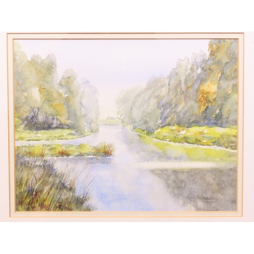 32 - Richard Manning: River landscape with trees and water reeds, watercolour, signed lower right, 28.5cm... 