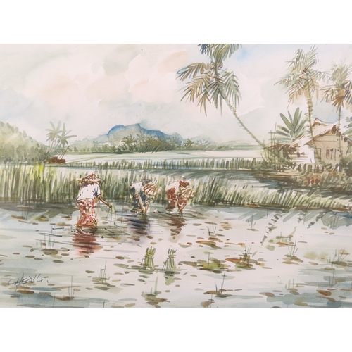 40 - David Cheng: Fishermen, Kuala Lumpur, watercolour, signed lower left, 35.5cm x 25cm