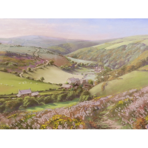 41 - Peter Hesp (1927-2015): Heather over Brendon Valley, Exmoor, pastel, signed lower left, 46cm x 30cm