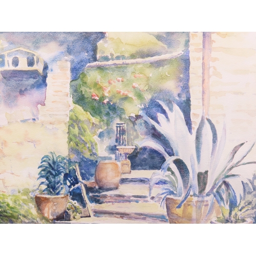 42 - Dick Manning: Villa steps with terracotta potted plants, watercolour, signed and dated lower right, ... 