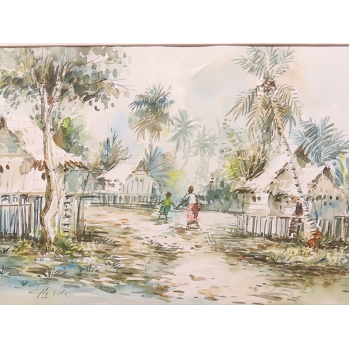 43 - David Cheng: Huts and Palms, Kuala Lumpur, watercolour, signed lower left, 35.5cm x 25cm