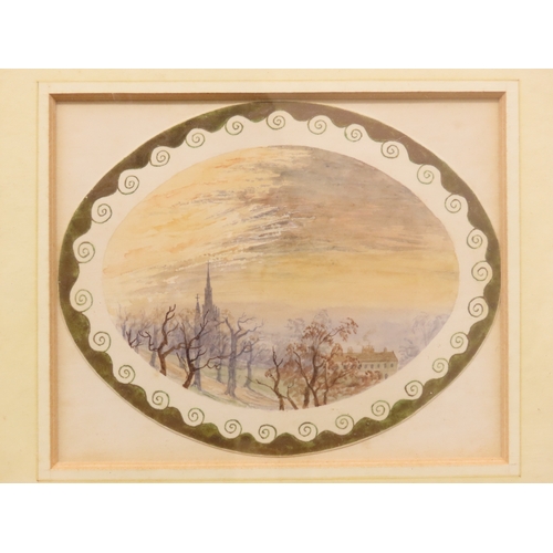 46 - British school, 19th century watercolour of a landscape with church spire in distance, 16cm x 13cm