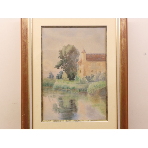 49 - Continental school, 20th century, Château by the river, indistinctly signed lower right, 25.5cm x 37... 