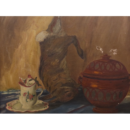 52 - French school, still life of Game, jug and casserole pot, oil on canvas, signed and dated 1927 lower... 