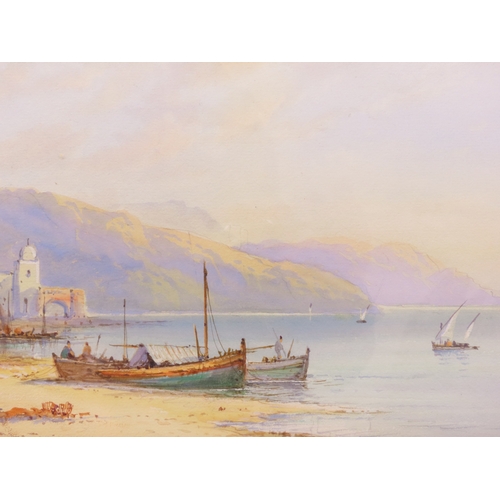 53 - Frank Catano (Edwin St John): Boats on Italian lake, watercolour, signed lower right, 41.5cm x 19.5c... 