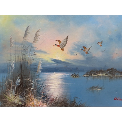 54 - V. Bakel (20th century) Flying ducks, oil on canvas 39cm x 29cm