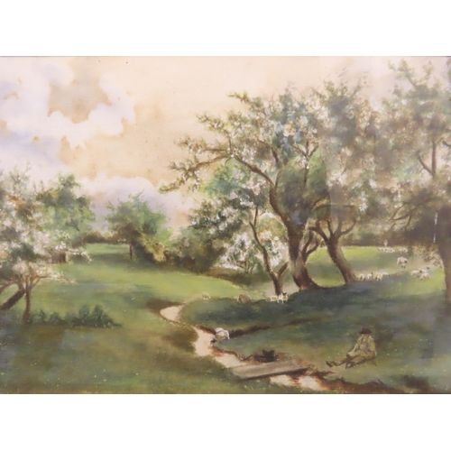 6 - British school, 20th century, landscape with sheep and fisherman, watercolour, initialled lower left... 