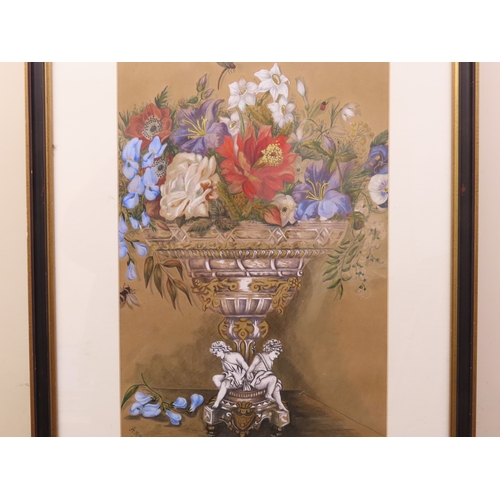 60 - British school, 19th century study of a centrepiece with flowers, mixed media, initialled and dated ... 