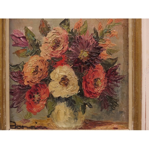 63 - French school, 20th century, still life of flowers, oil on board, signed lower left, 11.5cm x 12cm