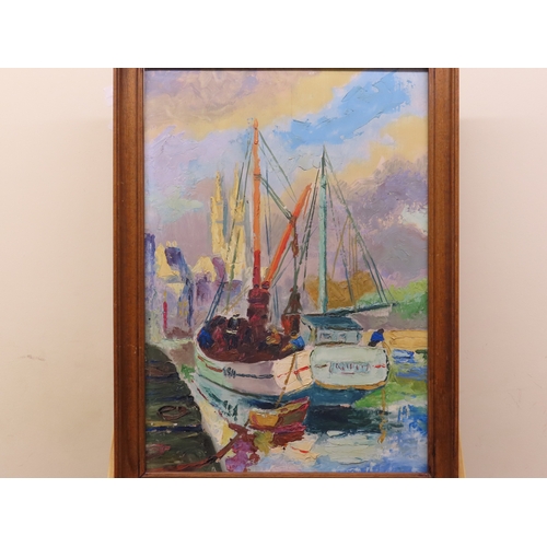 65 - Continental school, early 20th century impressionist study of moored boats, oil on board, 28cm x 40c... 